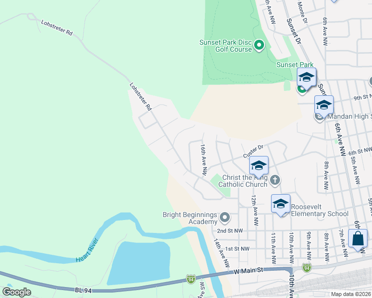 map of restaurants, bars, coffee shops, grocery stores, and more near 713 17th Avenue Northwest in Mandan