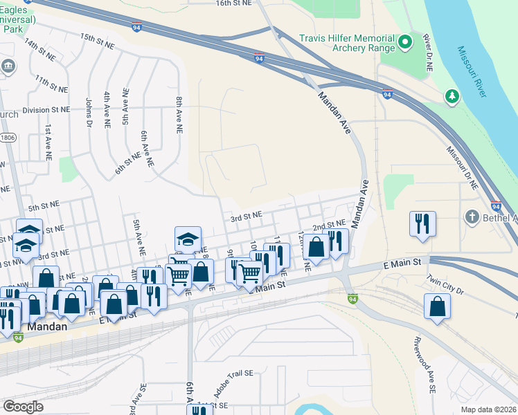 map of restaurants, bars, coffee shops, grocery stores, and more near 1112 3rd Avenue Northeast in Mandan