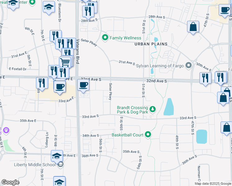 map of restaurants, bars, coffee shops, grocery stores, and more near 3230 54th Street in Fargo