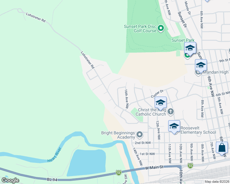 map of restaurants, bars, coffee shops, grocery stores, and more near 713 17th Avenue Northwest in Mandan