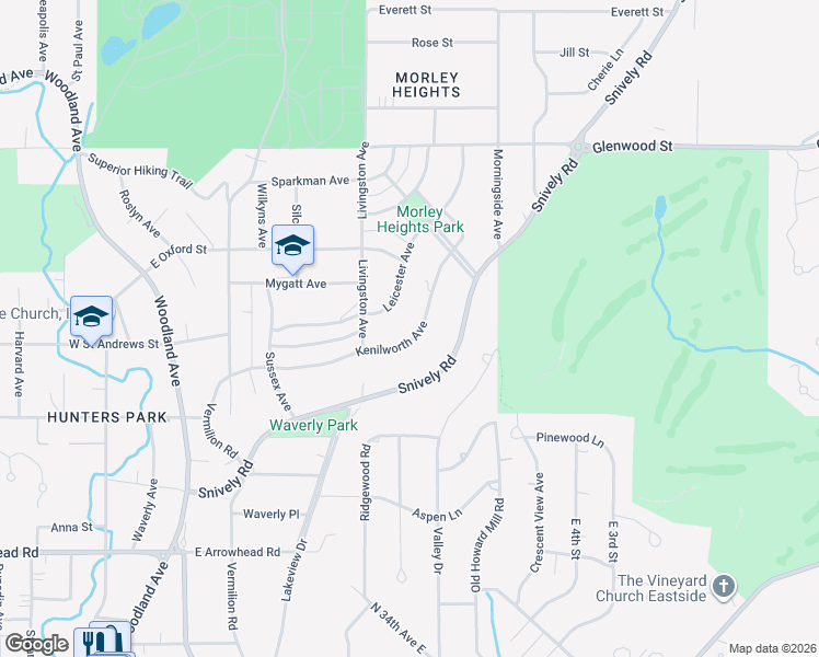 map of restaurants, bars, coffee shops, grocery stores, and more near 425 Kenilworth Avenue in Duluth