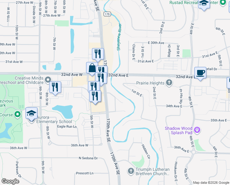map of restaurants, bars, coffee shops, grocery stores, and more near 6839-6899 Horseshoe Circle in West Fargo