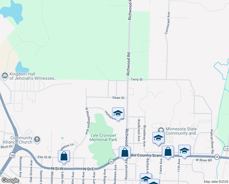 map of restaurants, bars, coffee shops, grocery stores, and more near 704 Andrews Avenue in Detroit Lakes