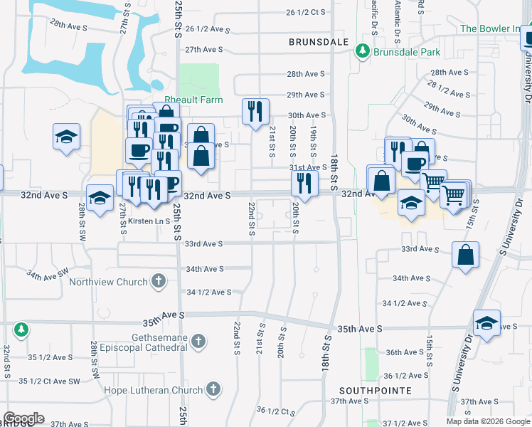 map of restaurants, bars, coffee shops, grocery stores, and more near 3200 22nd Street South in Fargo