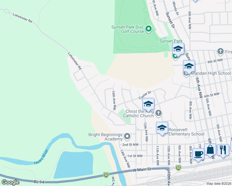map of restaurants, bars, coffee shops, grocery stores, and more near 601-799 16th Ave NW in Mandan