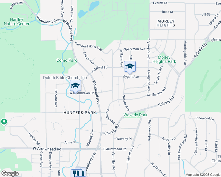 map of restaurants, bars, coffee shops, grocery stores, and more near 23 East Saint Andrews Street in Duluth