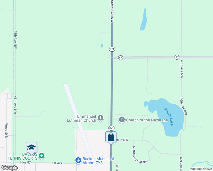 map of restaurants, bars, coffee shops, grocery stores, and more near 715 State 371 Frontage Northwest in Backus