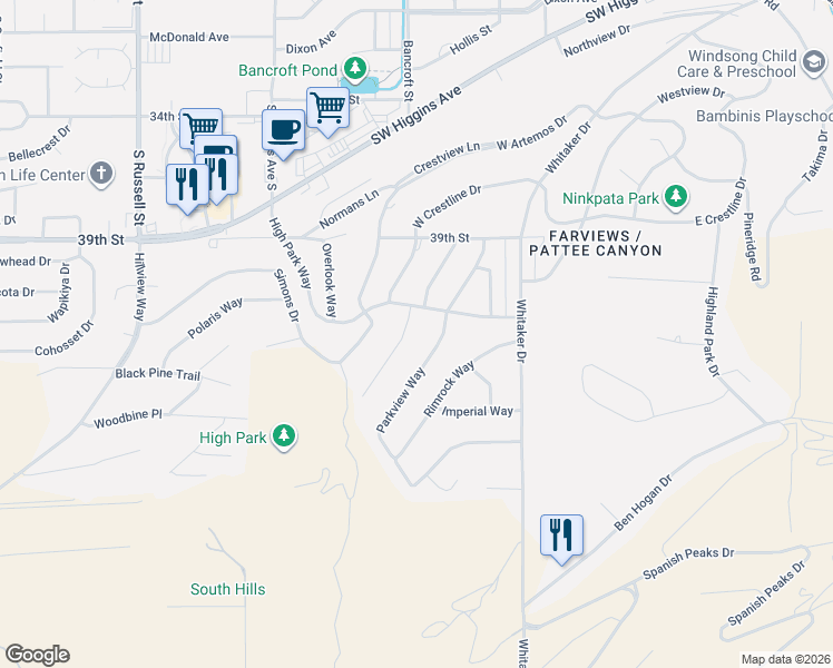map of restaurants, bars, coffee shops, grocery stores, and more near 704 Continental Way in Missoula