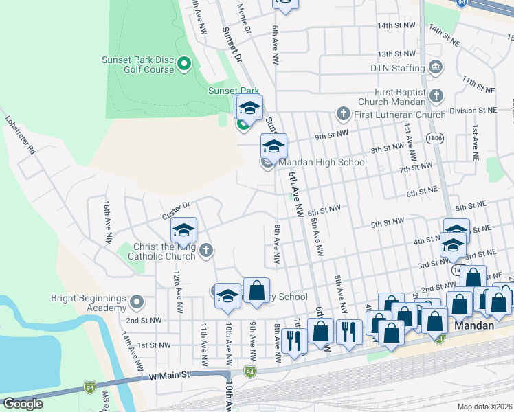 map of restaurants, bars, coffee shops, grocery stores, and more near 900 6th Street Northwest in Mandan