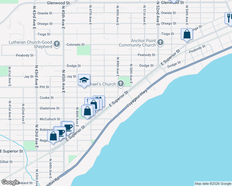 map of restaurants, bars, coffee shops, grocery stores, and more near 4815 Cooke Street in Duluth