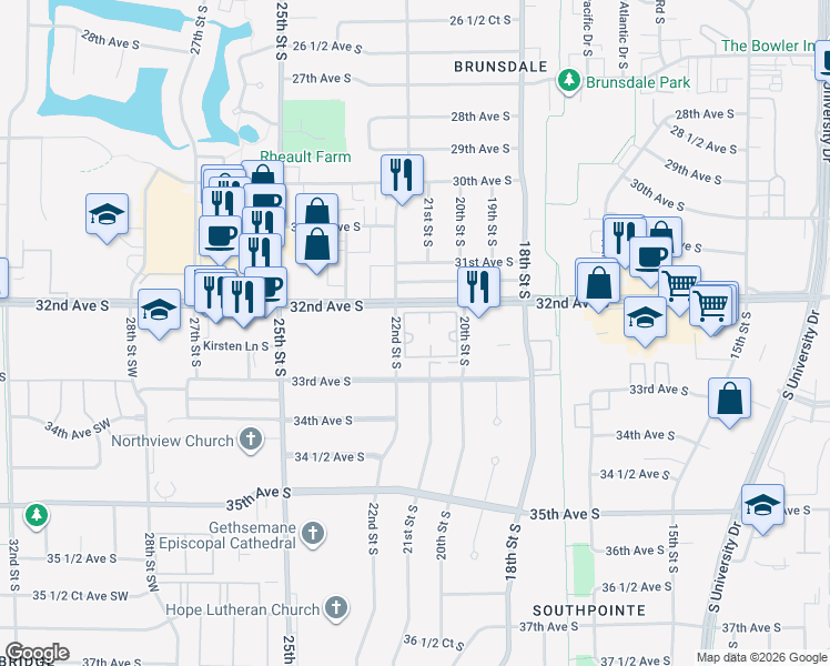 map of restaurants, bars, coffee shops, grocery stores, and more near 3200 22nd Street South in Fargo