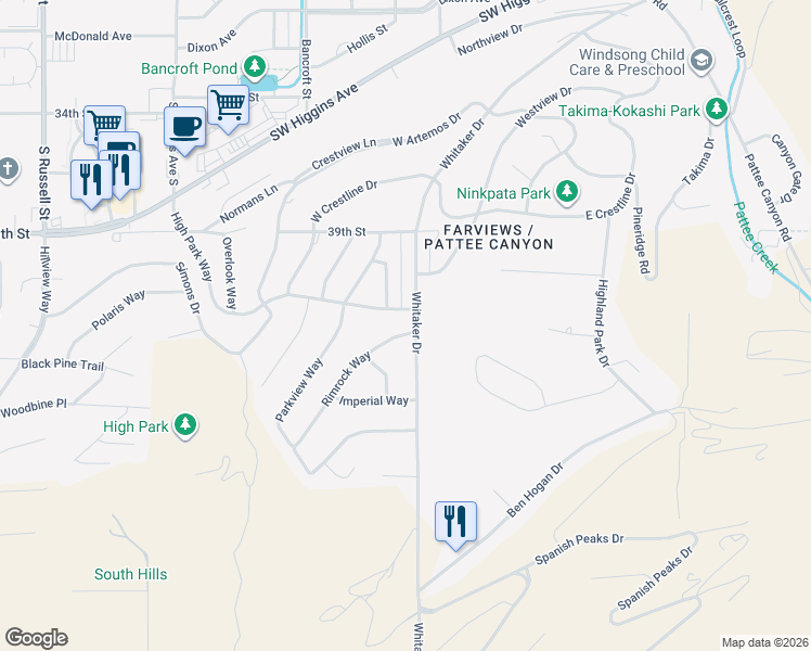 map of restaurants, bars, coffee shops, grocery stores, and more near 100 Rimrock Way in Missoula