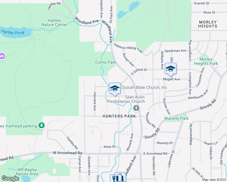 map of restaurants, bars, coffee shops, grocery stores, and more near 201 West Saint Andrews Street in Duluth