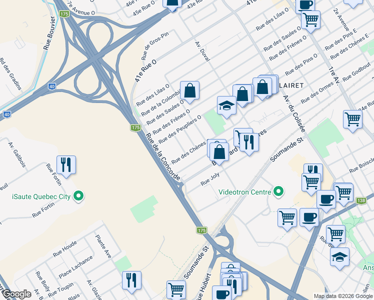 map of restaurants, bars, coffee shops, grocery stores, and more near 360 Rue des Chênes Ouest in Ville de Québec