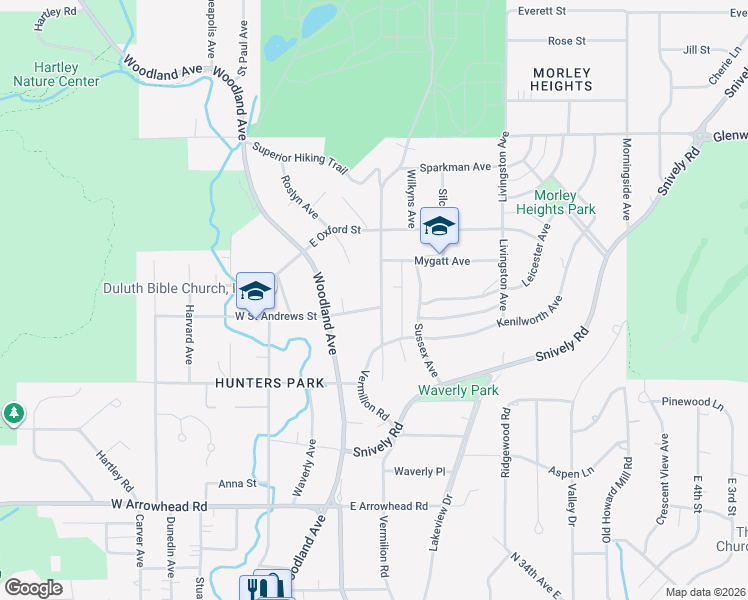 map of restaurants, bars, coffee shops, grocery stores, and more near 23 East Saint Andrews Street in Duluth