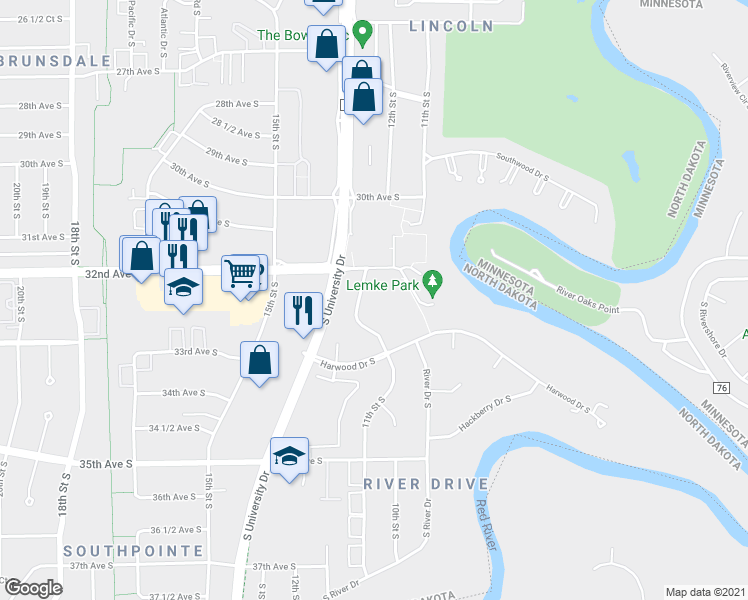 map of restaurants, bars, coffee shops, grocery stores, and more near 3230 11th Street South in Fargo