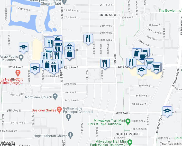 map of restaurants, bars, coffee shops, grocery stores, and more near 3200 22nd Street South in Fargo