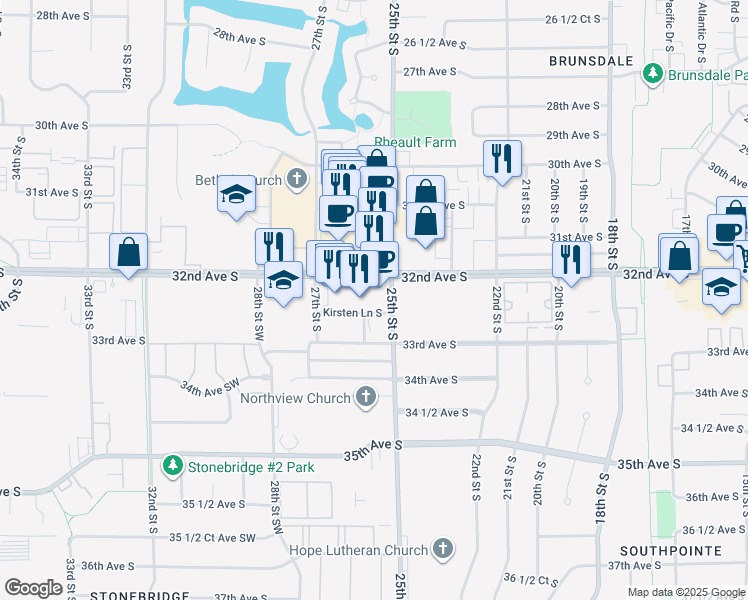 map of restaurants, bars, coffee shops, grocery stores, and more near 2511 Kirsten Lane South in Fargo