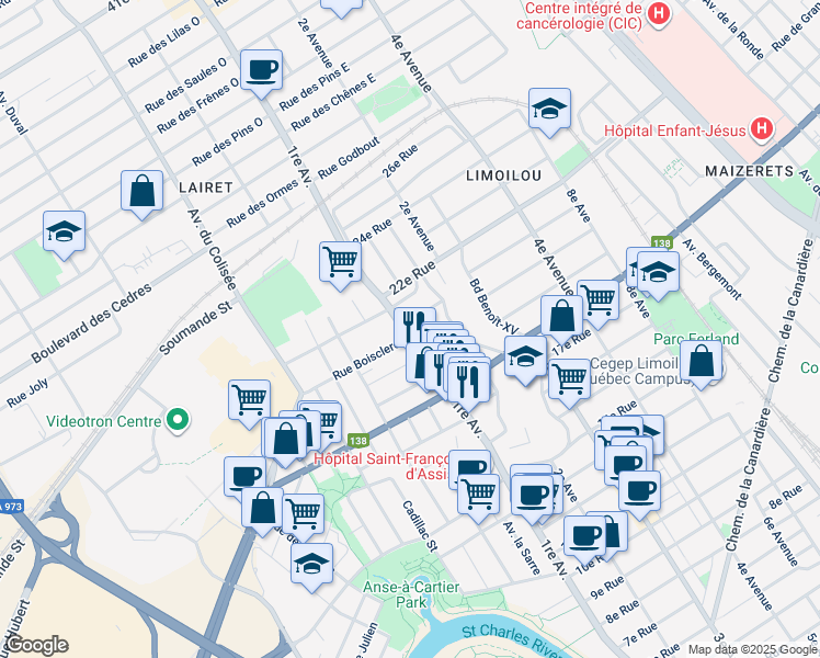 map of restaurants, bars, coffee shops, grocery stores, and more near 1945 1re Avenue in Québec