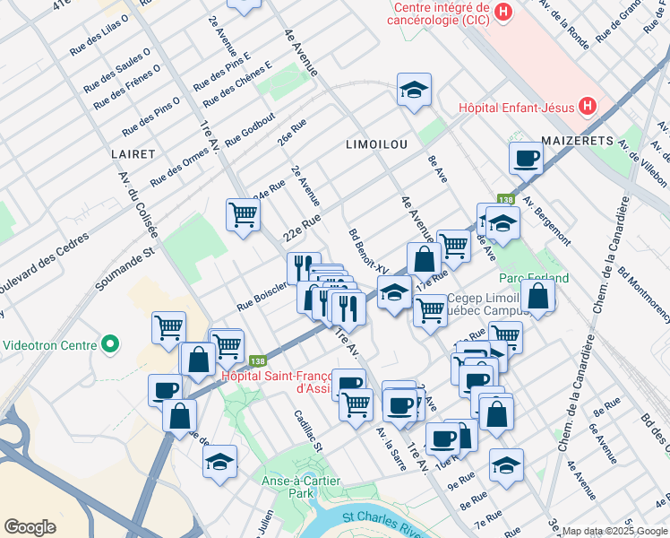 map of restaurants, bars, coffee shops, grocery stores, and more near 196 Rue Berthiaume in Quebec