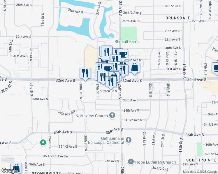 map of restaurants, bars, coffee shops, grocery stores, and more near 2610 Kirsten Ln S in Fargo