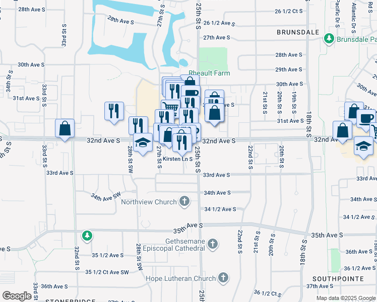 map of restaurants, bars, coffee shops, grocery stores, and more near 2511 Kirsten Lane South in Fargo