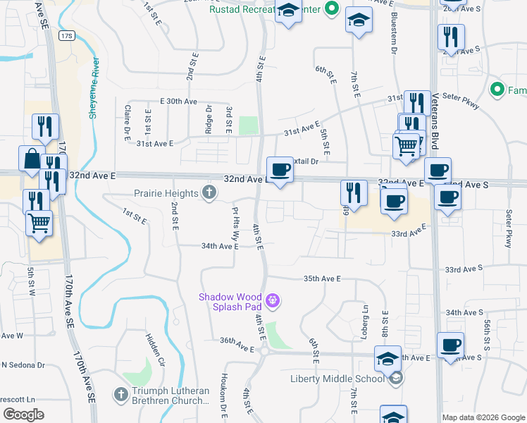 map of restaurants, bars, coffee shops, grocery stores, and more near 3305 4th Street East in West Fargo