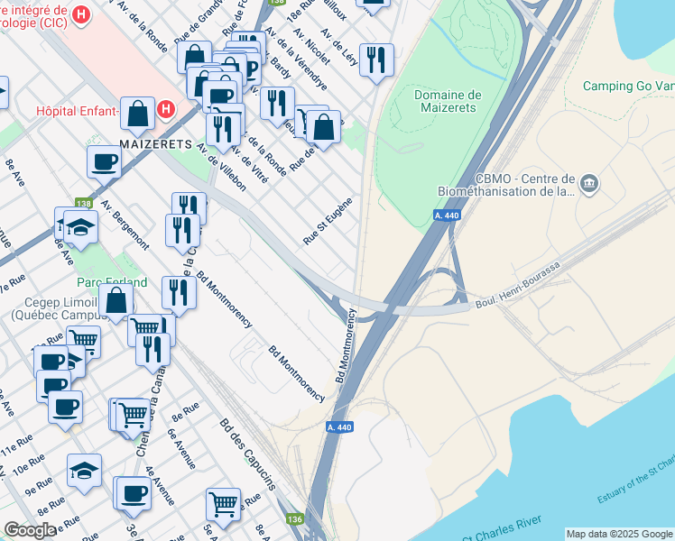 map of restaurants, bars, coffee shops, grocery stores, and more near 1011 Avenue de Vitré in Québec