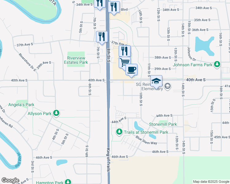 map of restaurants, bars, coffee shops, grocery stores, and more near 800 41st Avenue South in Moorhead