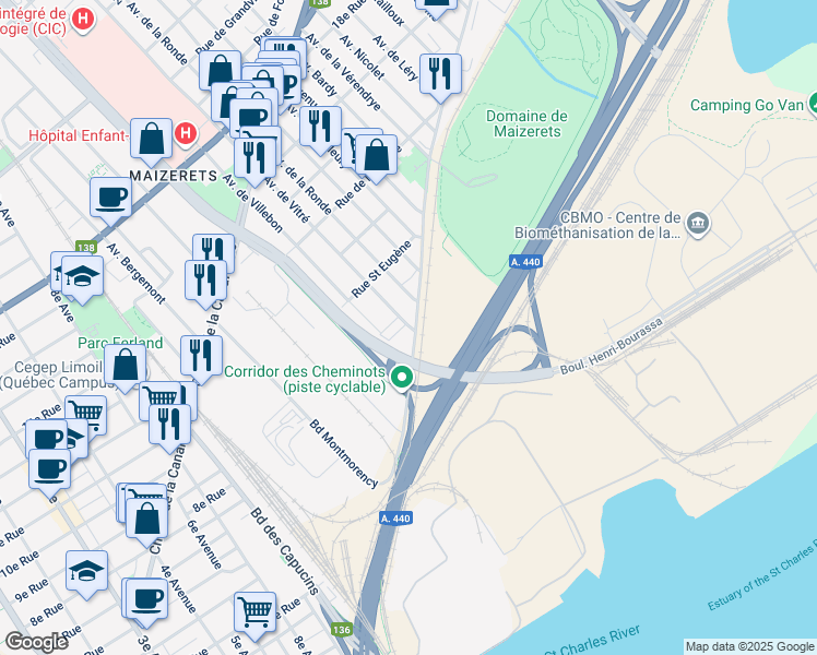 map of restaurants, bars, coffee shops, grocery stores, and more near 1011 Avenue de Vitré in Québec