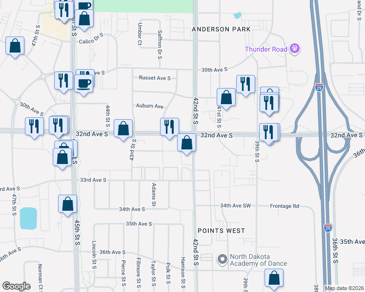 map of restaurants, bars, coffee shops, grocery stores, and more near 4200 32nd Avenue South in Fargo