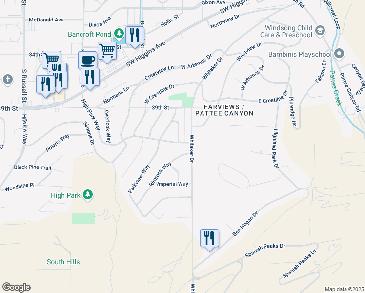 map of restaurants, bars, coffee shops, grocery stores, and more near 106 Rimrock Way in Missoula