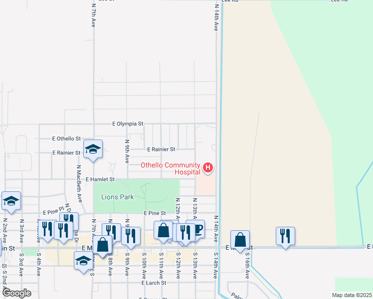 map of restaurants, bars, coffee shops, grocery stores, and more near 1248 East Rainier Street in Othello