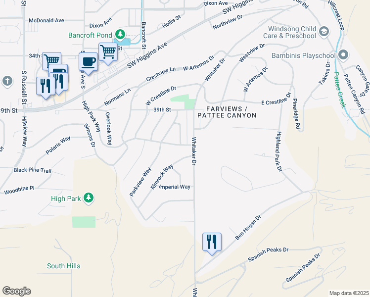 map of restaurants, bars, coffee shops, grocery stores, and more near 106 Rimrock Way in Missoula