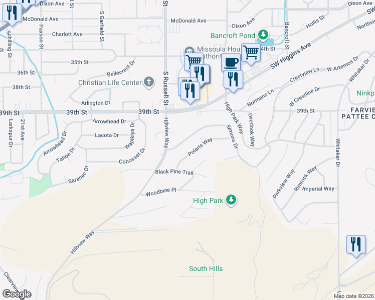 map of restaurants, bars, coffee shops, grocery stores, and more near 915 Polaris Way in Missoula