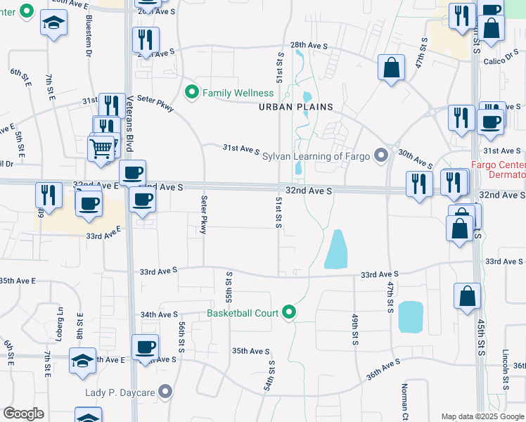 map of restaurants, bars, coffee shops, grocery stores, and more near 51st Street South in Fargo