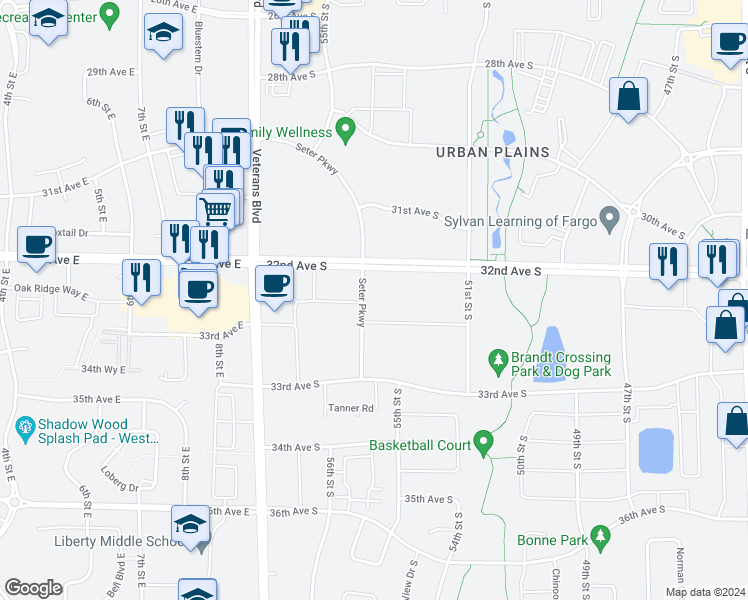 map of restaurants, bars, coffee shops, grocery stores, and more near 3230 54th Street in Fargo