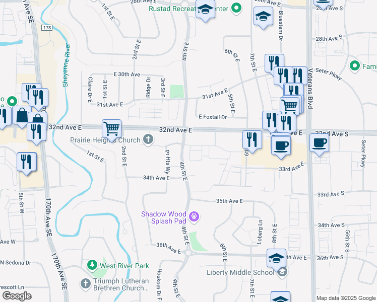 map of restaurants, bars, coffee shops, grocery stores, and more near 3363 4th Street East in West Fargo