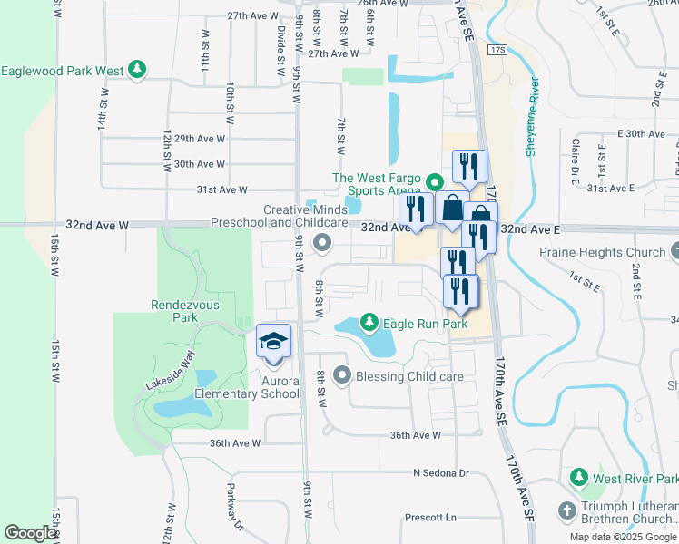 map of restaurants, bars, coffee shops, grocery stores, and more near 639 8th Street West in West Fargo
