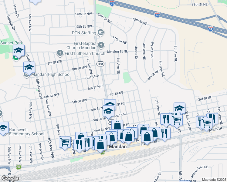 map of restaurants, bars, coffee shops, grocery stores, and more near 109 5th Street Northeast in Mandan