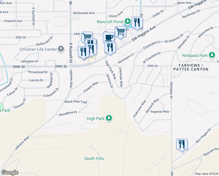 map of restaurants, bars, coffee shops, grocery stores, and more near 306-502 Simons Dr in Missoula