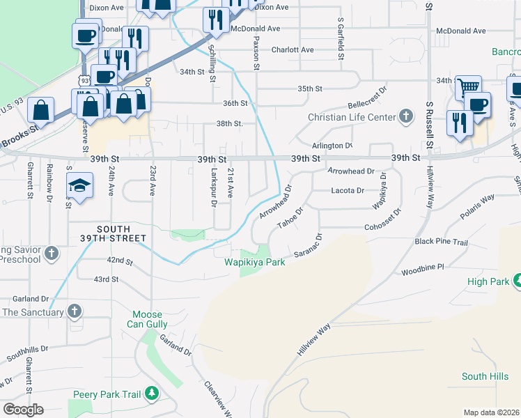 map of restaurants, bars, coffee shops, grocery stores, and more near 129 Arrowhead Dr in Missoula