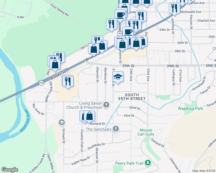 map of restaurants, bars, coffee shops, grocery stores, and more near 4319 Rainbow Drive in Missoula