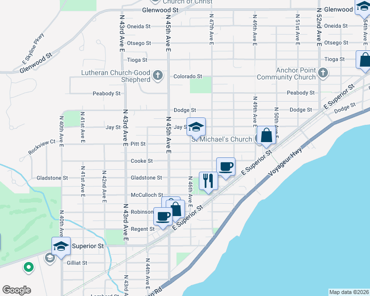 map of restaurants, bars, coffee shops, grocery stores, and more near 4601 Cooke Street in Duluth
