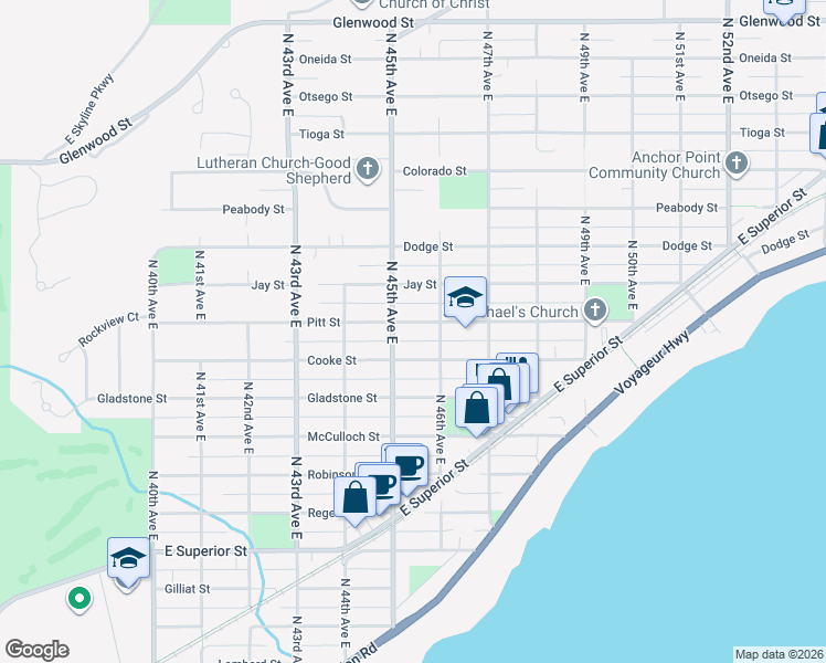 map of restaurants, bars, coffee shops, grocery stores, and more near 4505 Cooke Street in Duluth