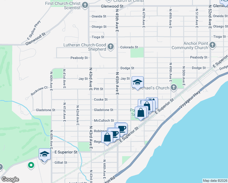 map of restaurants, bars, coffee shops, grocery stores, and more near 4415 Cooke Street in Duluth