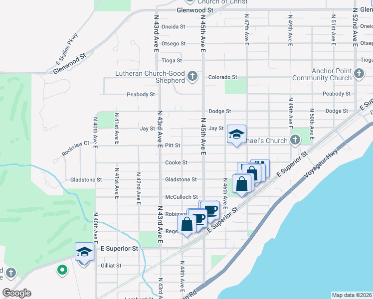 map of restaurants, bars, coffee shops, grocery stores, and more near 4415 Cooke Street in Duluth