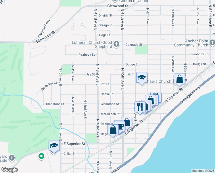 map of restaurants, bars, coffee shops, grocery stores, and more near 4317 Cooke Street in Duluth