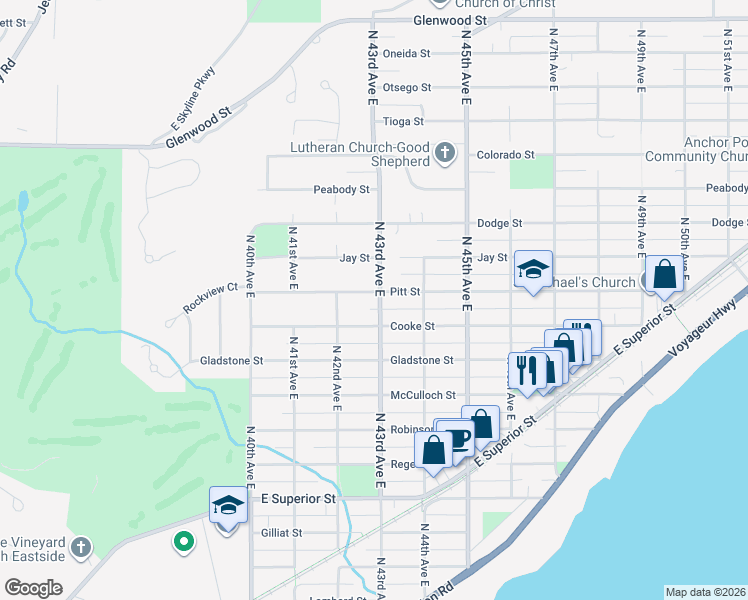 map of restaurants, bars, coffee shops, grocery stores, and more near 4229 Cooke Street in Duluth