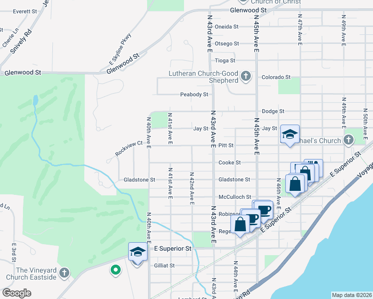 map of restaurants, bars, coffee shops, grocery stores, and more near 4207 Cooke Street in Duluth